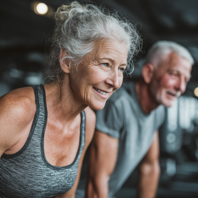Група людей зрілого віку займається йогою